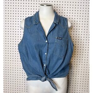 Wrangler | Retro XL Blue Denim Sleeveless Western Button Down Tie Front Shirt
